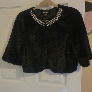 HAANI Luxurious Crop Black Faux Fur Jacket with Jewel Collar lined inside